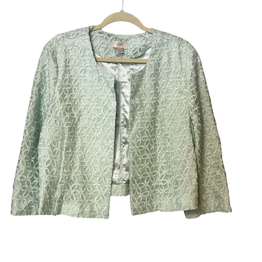 Loft Green Floral Lace Textured Blazer Jacket Open Front 3/4 Sleeve Lined Sz XL
